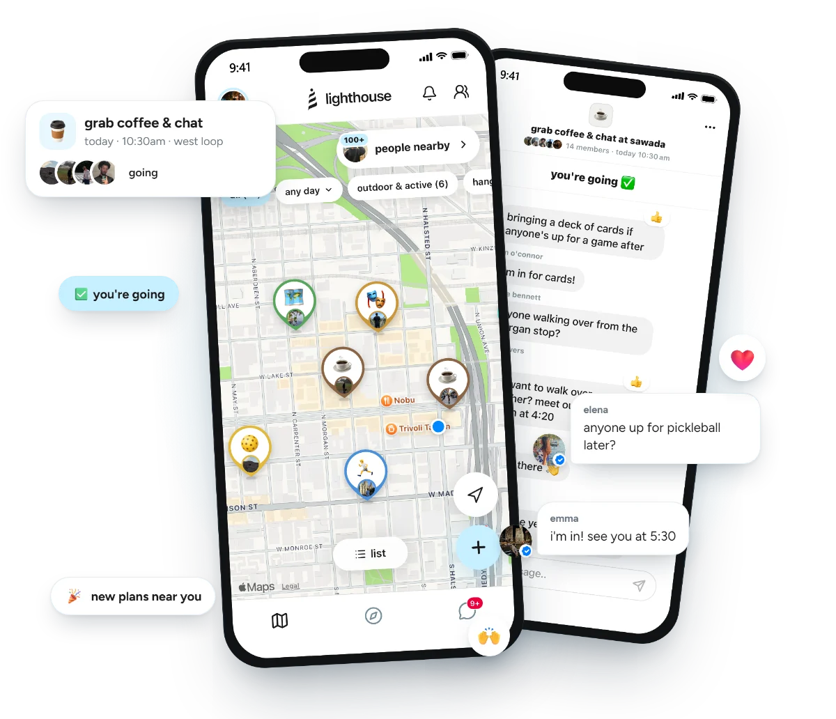 the lighthouse map with a coffee activity, next to the activity's group chat