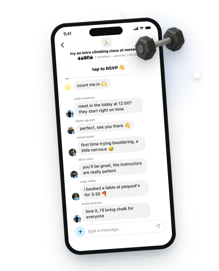the group chat for an intro climbing class in the lighthouse app