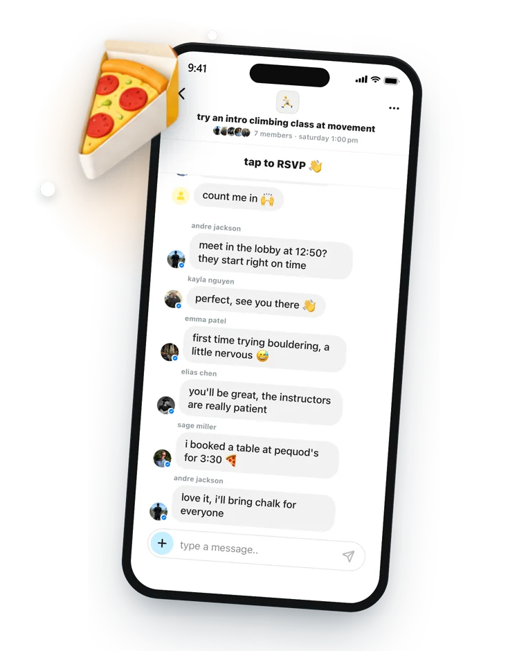 the group chat for an intro climbing class, planning pizza after