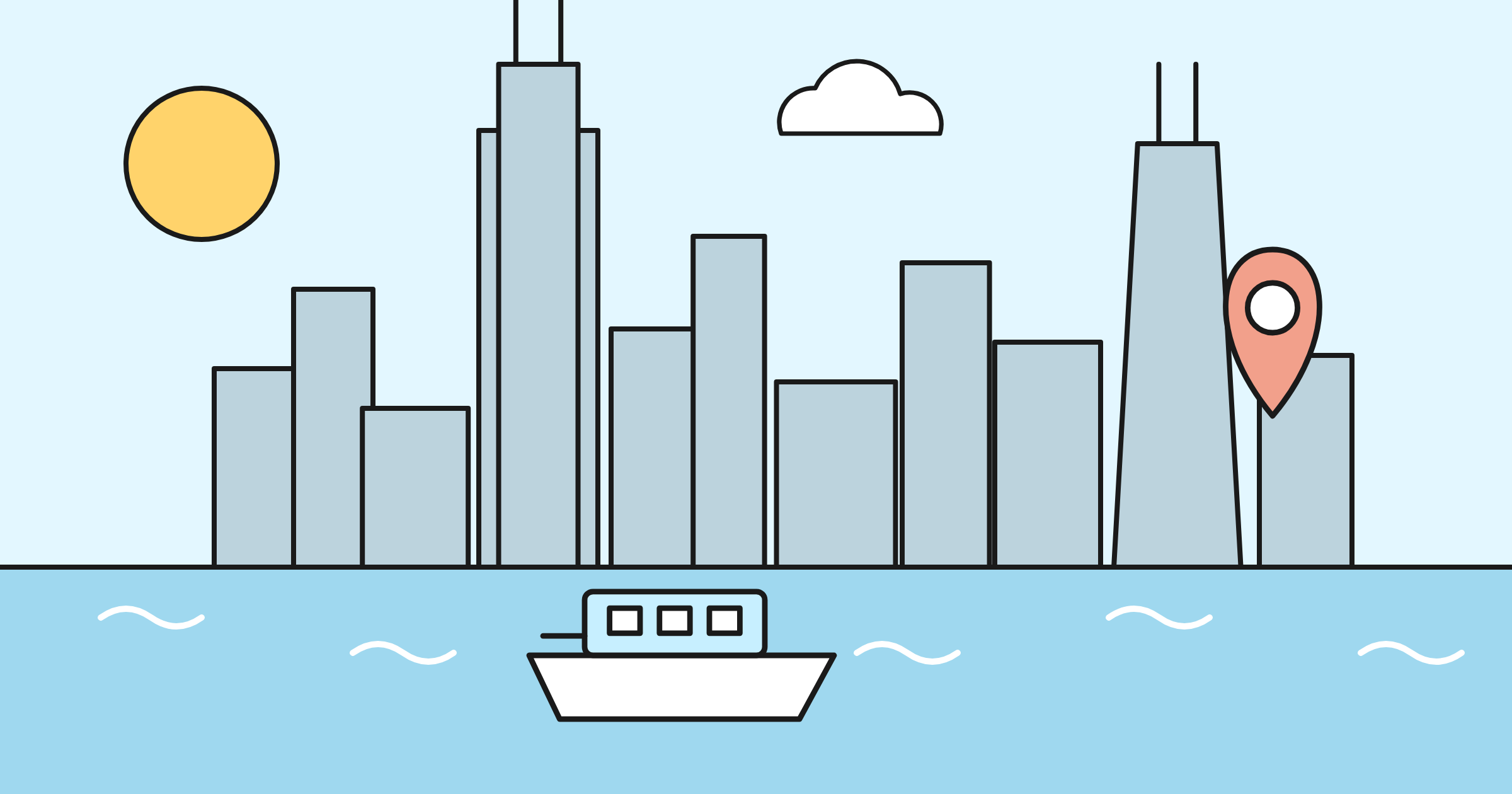 The Chicago skyline above the river, with a tour boat and a map pin
