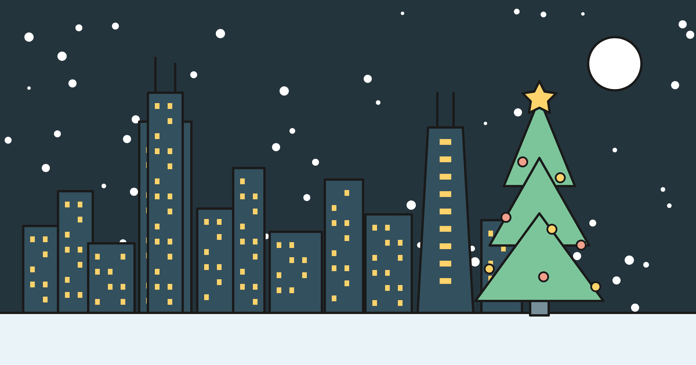 A lit Christmas tree beside the Chicago skyline on a snowy night