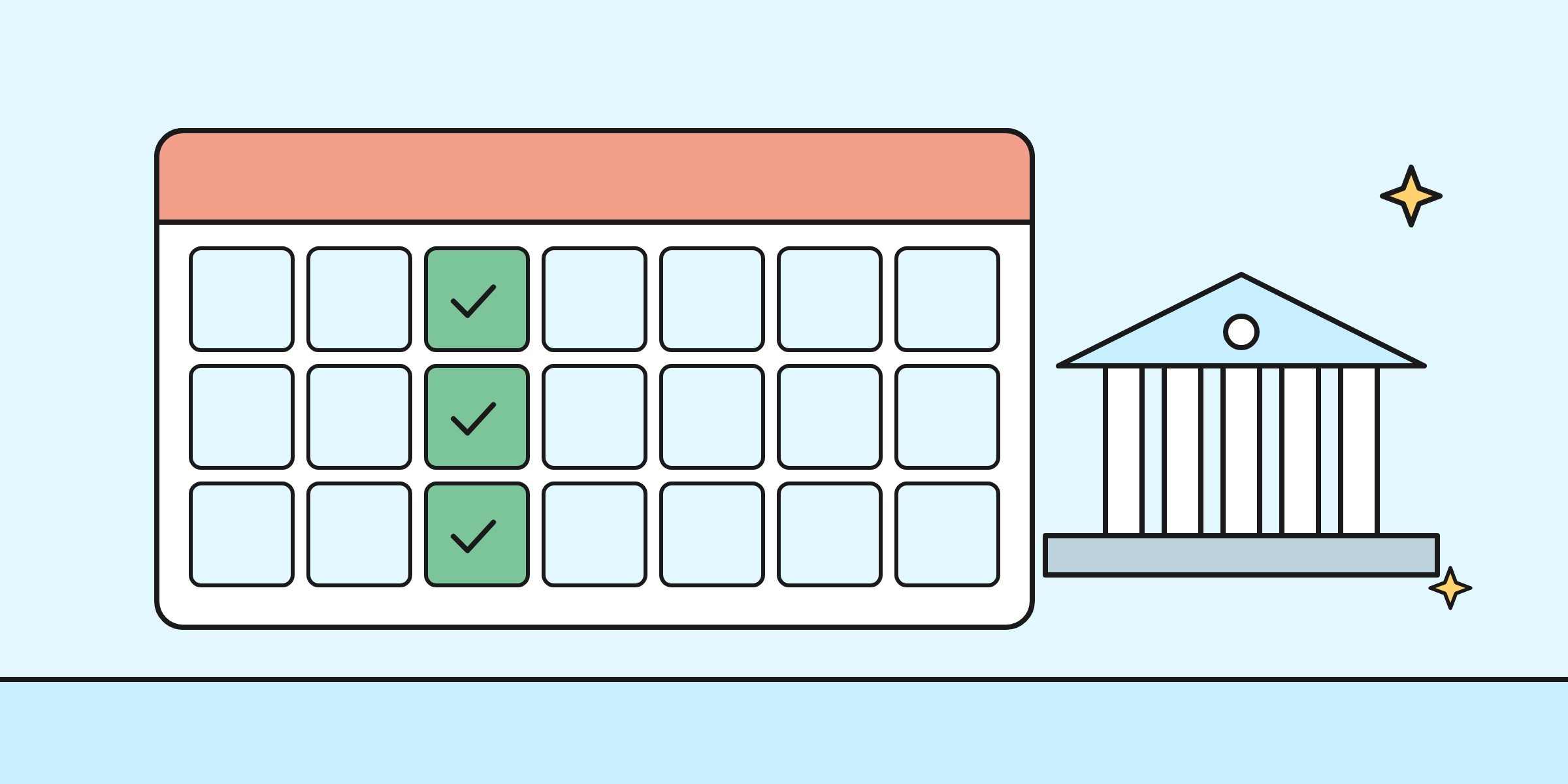 A calendar with museum days ticked, beside a museum facade